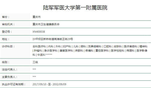 陆军军医大学第一附属医院（重庆西南医院）卫健委资质截图