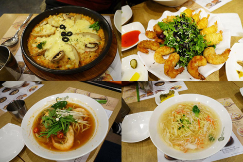 Czen面食专门店的培根芝士薯条焗饭、炸虾拼盘、鲜虾汤面、蔬菜汤面