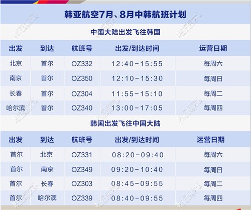 韩亚航空7、8月中韩航班计划表