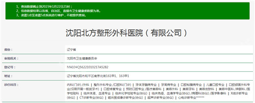 沈阳北方整形外科医院资质查询结果