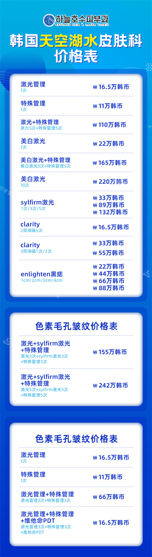 韓國天空湖水皮膚科價格表