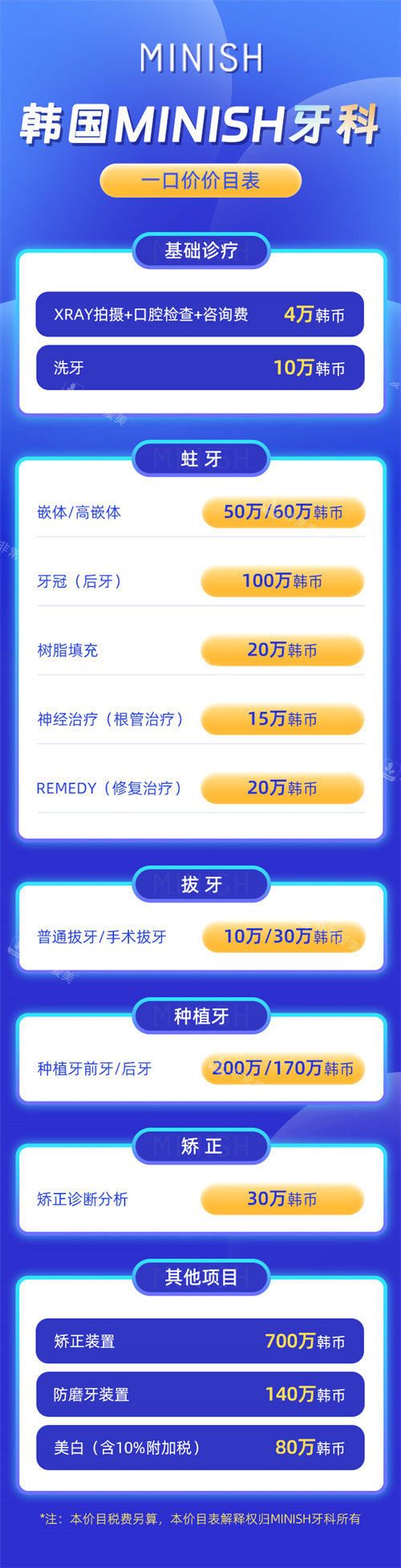 韓國MINISH牙科價格表 韓國MINISH牙科價格表