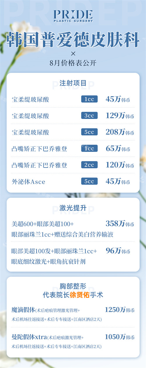 韩国普爱德皮肤科8月价格表